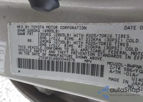 2002 Toyota Highlander V6 from USA, damaged, VIN JTEGF21A920044576